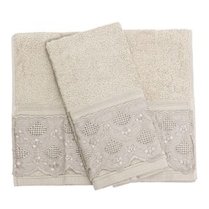 Kit Toalha Lavabo Bordado Inglês Fio Egípcio - ACÁCIA BEGE